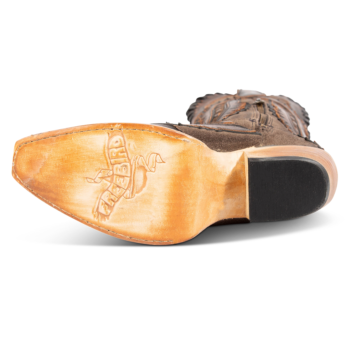 Leather sole imprinted with FREEBIRD on FREEBIRD women's Wayne black multi leather western mid-calf boot