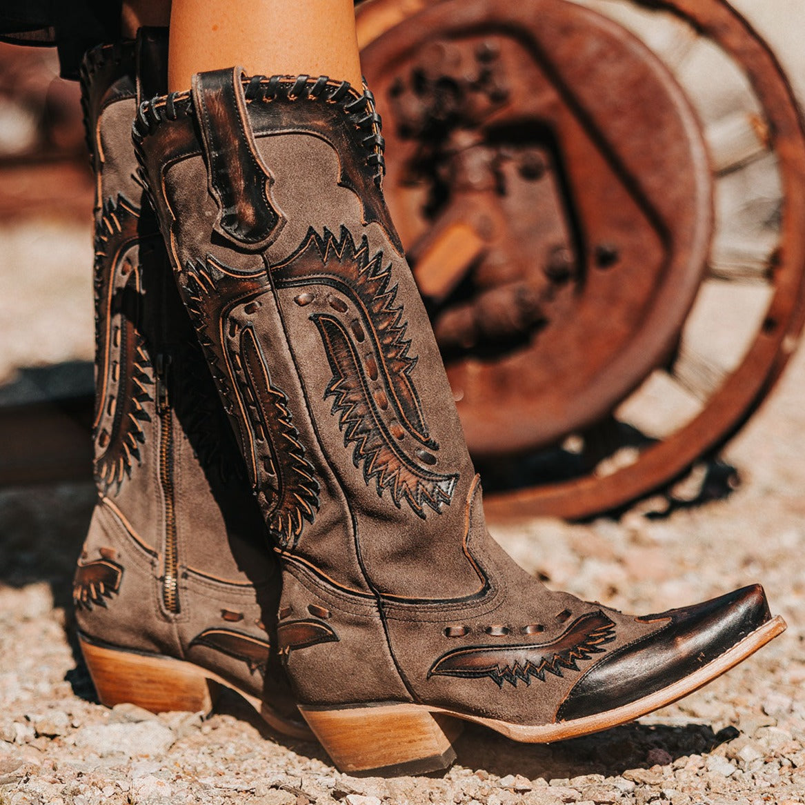 FREEBIRD women's Wayne black multi leather western mid-calf boot with whip-stitch and laser cut detailing, a snip toe and inside working brass zipper