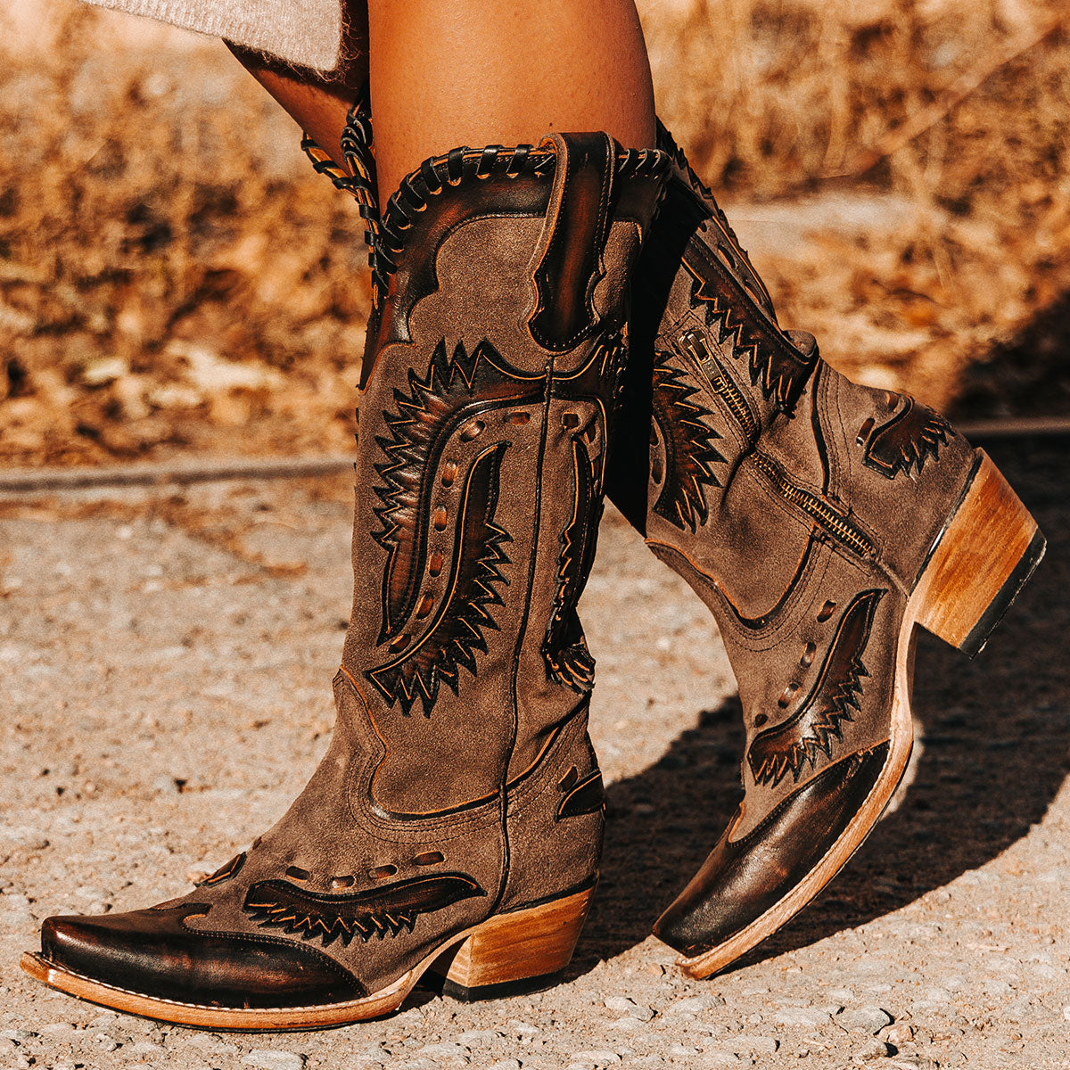 FREEBIRD women's Wayne black multi leather western mid-calf boot with whip-stitch and laser cut detailing, a snip toe and inside working brass zipper