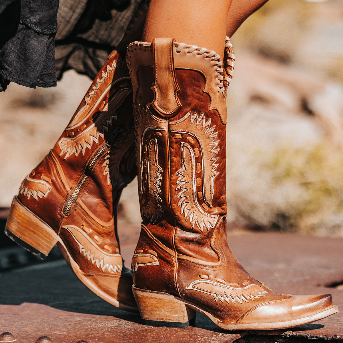 FREEBIRD women's Wayne cognac multi leather western mid-calf boot with whip-stitch and laser cut detailing, a snip toe and inside working brass zipper