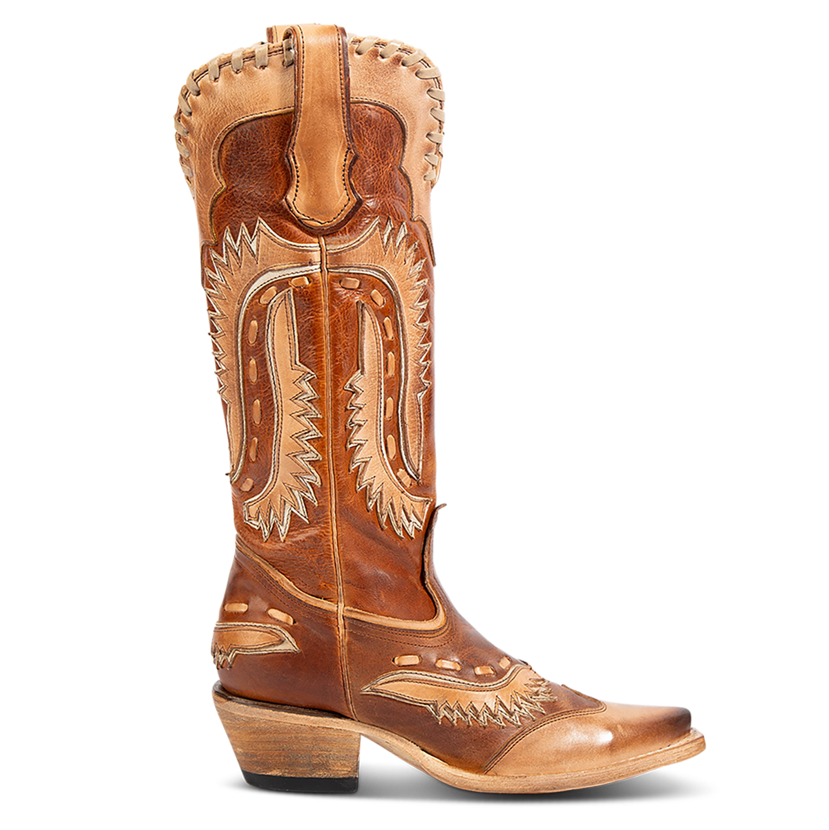 FREEBIRD women's Wayne cognac multi leather western mid-calf boot with whip-stitch and laser cut detailing, a snip toe and inside working brass zipper