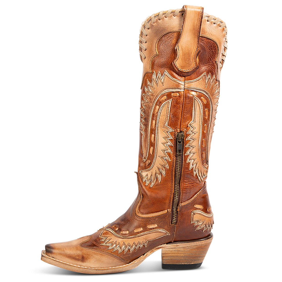 Inside view showing FREEBIRD women's Wayne cognac multi leather western mid-calf boot with whip-stitch and laser cut detailing, a snip toe and inside working brass zipper