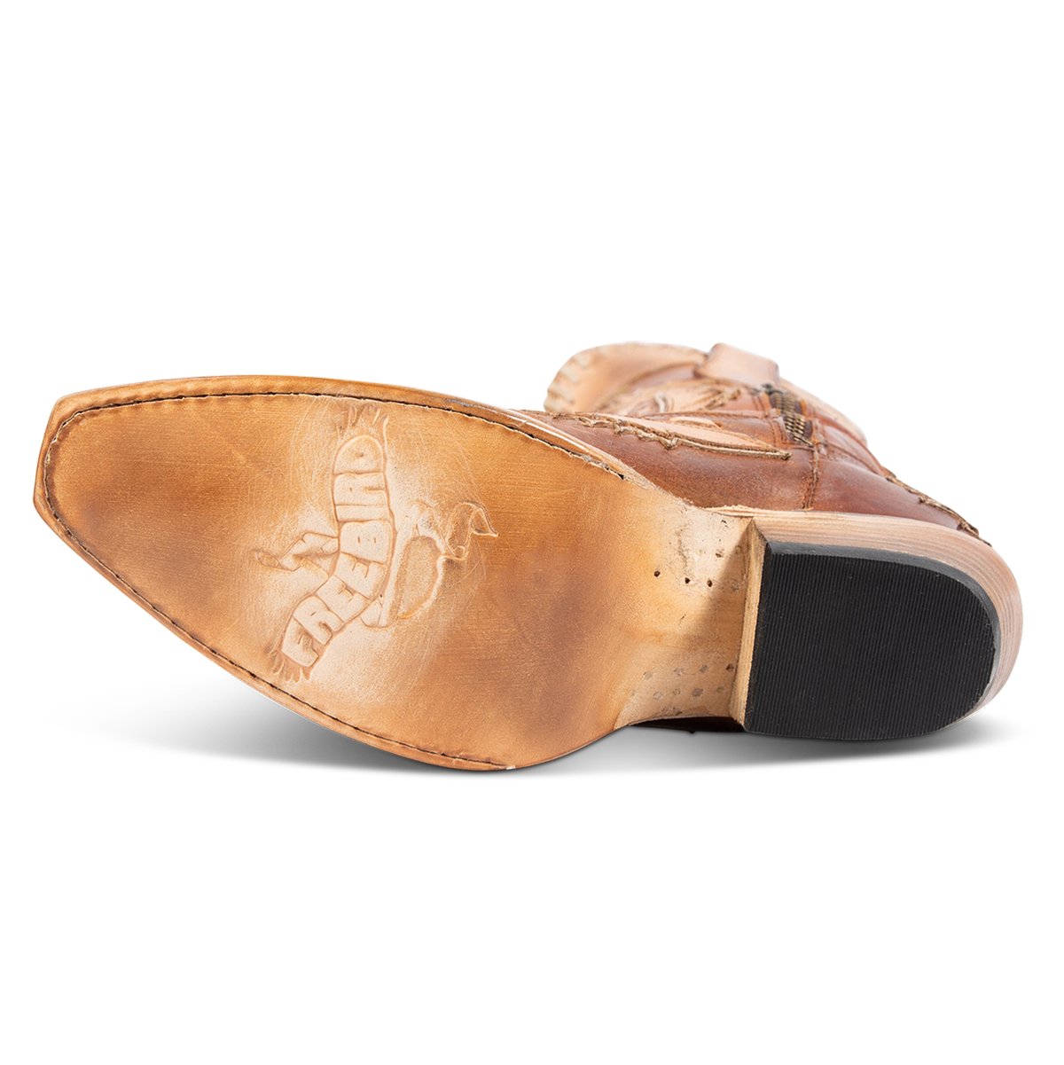 Leather sole imprinted with FREEBIRD on FREEBIRD women's Wayne cognac multi leather western mid-calf boot