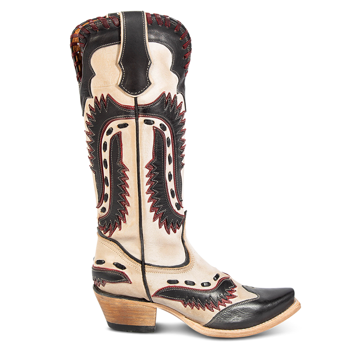 FREEBIRD women's Wayne taupe multi leather western mid-calf boot with whip-stitch and laser cut detailing, a snip toe and inside working brass zipper