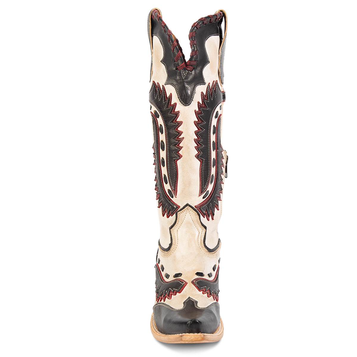 Front view showing FREEBIRD women's Wayne taupe multi leather western mid-calf boot with whip-stitch and laser cut detailing, a snip toe and inside working brass zipper