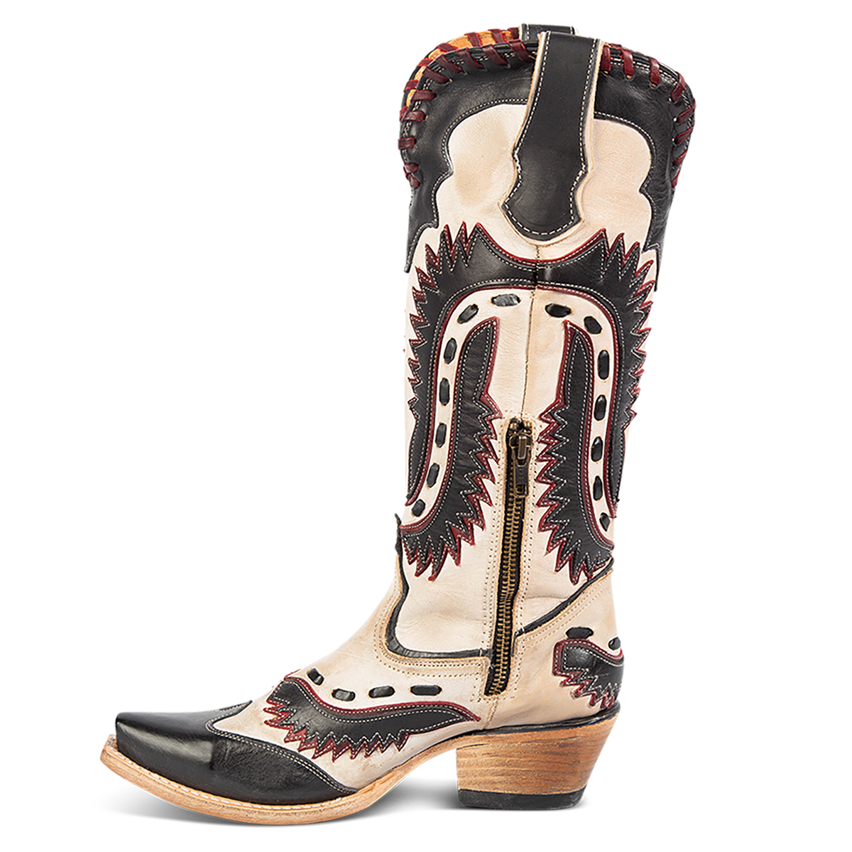 Inside view showing FREEBIRD women's Wayne taupe multi leather western mid-calf boot with whip-stitch and laser cut detailing, a snip toe and inside working brass zipper