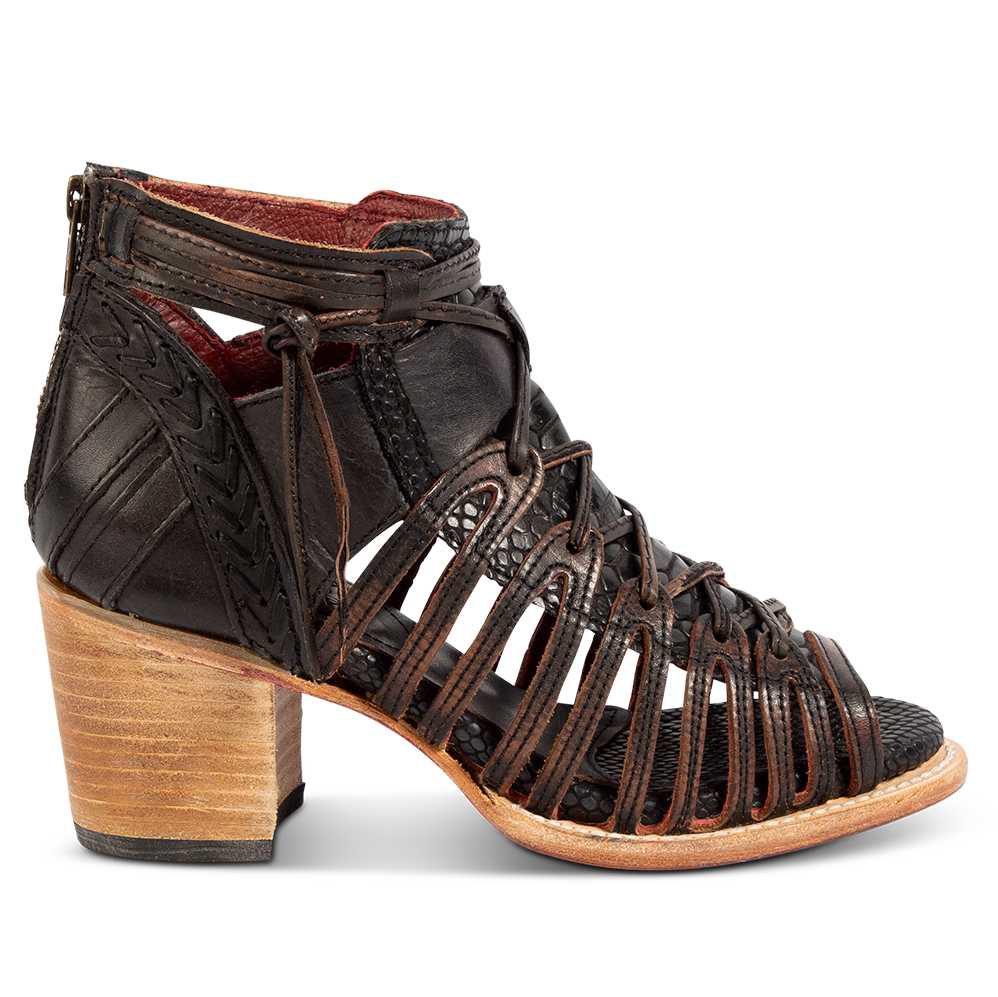 FREEBIRD women's Wazee black sandal with exposed sides and criss-cross lacing