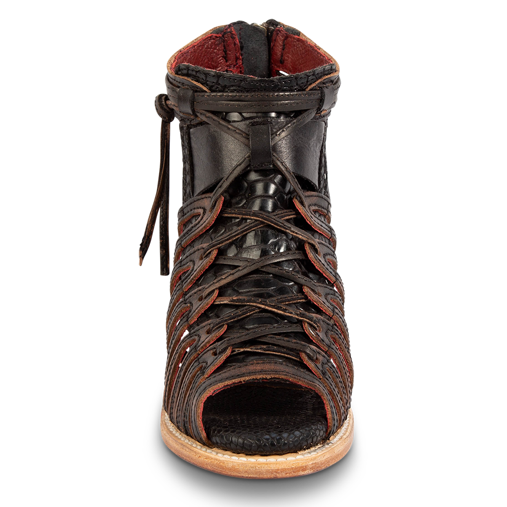 Front view showing exposed sides and criss-cross lacing detailing FREEBIRD women's Wazee black sandal