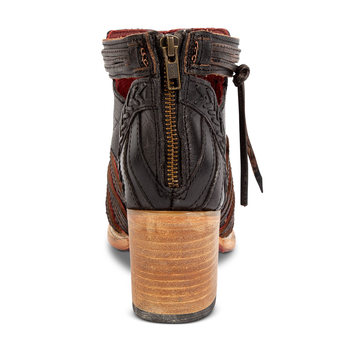 Back view showing working brass zip closure FREEBIRD women's Wazee black sandal