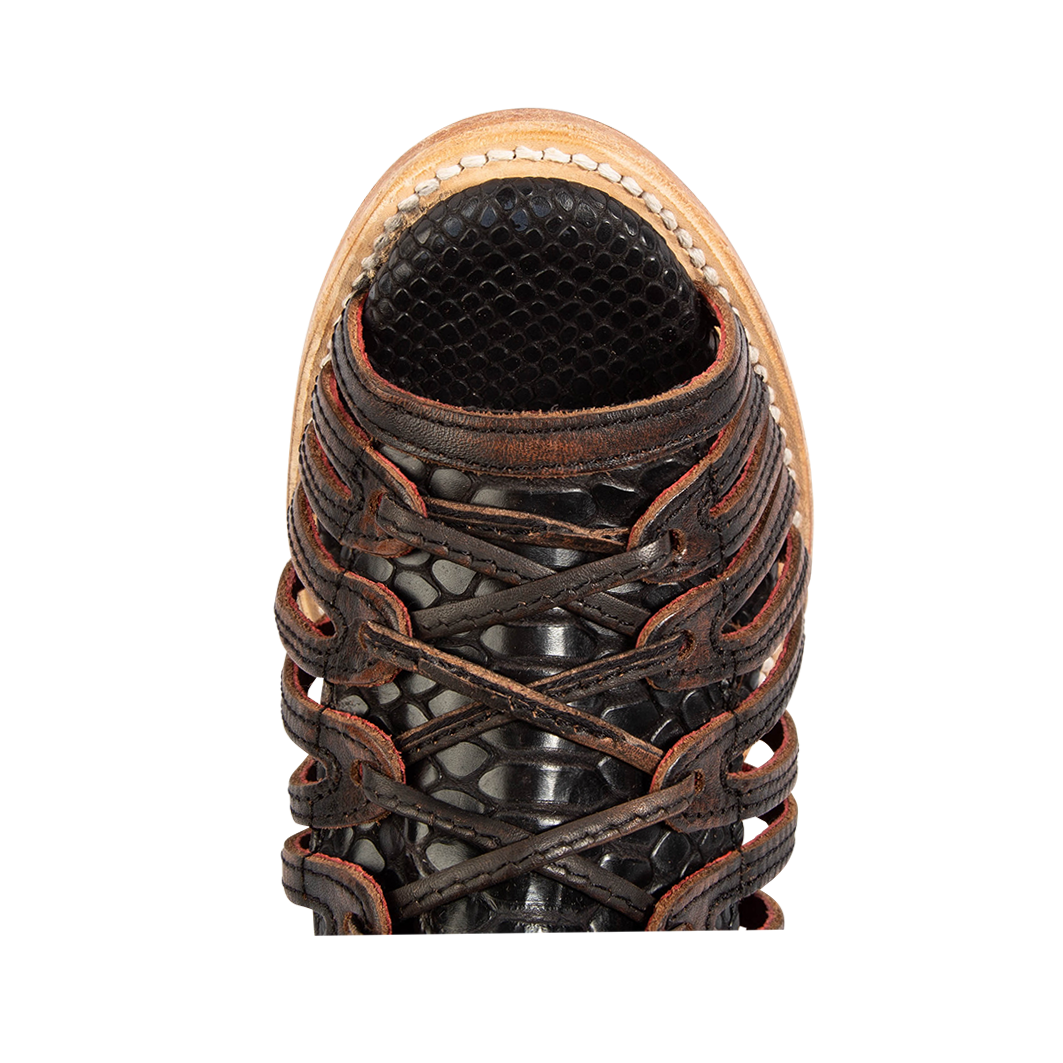 Top view showing peep toe with leather lace detailing FREEBIRD women's Wazee black sandal