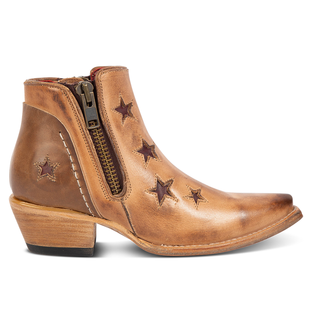 FREEBIRD women's Weaver beige multi star inlay leather ankle bootie with pointed snip toe