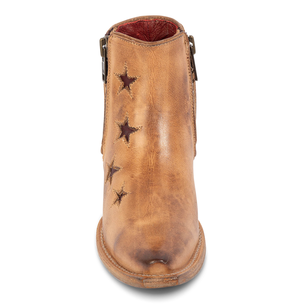 Front view showing pointed snip toe on FREEBIRD women's Weaver beige multi star inlay leather western ankle bootie