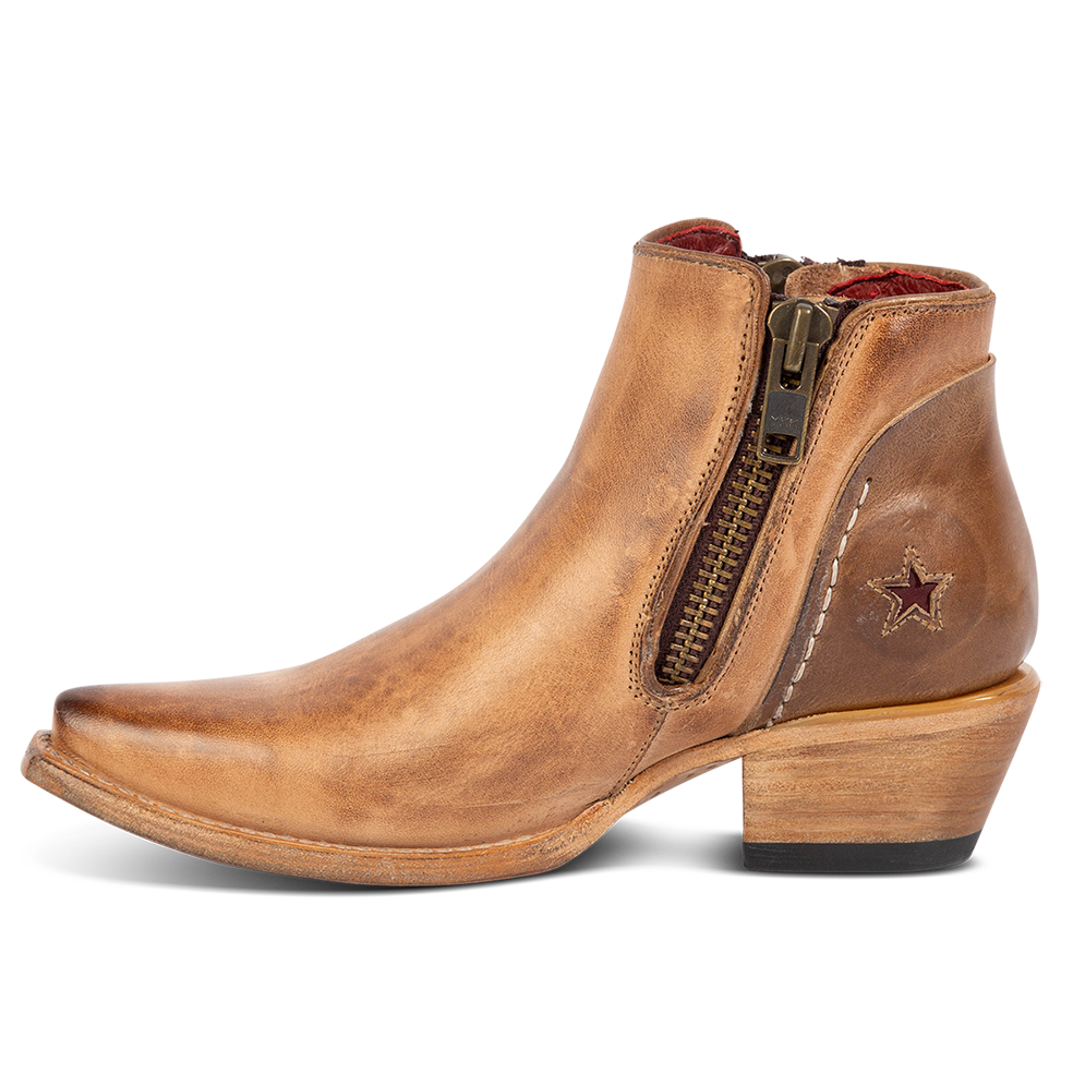 Inside view showing zipper on FREEBIRD women's Weaver beige multi star inlay leather western ankle bootie