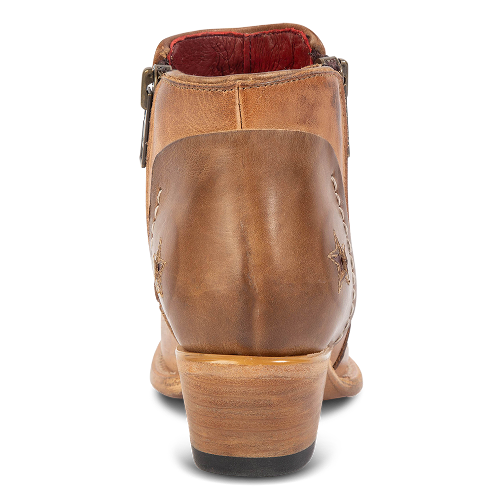 Back view showing low heel on FREEBIRD women's Weaver beige multi star inlay leather western ankle bootie