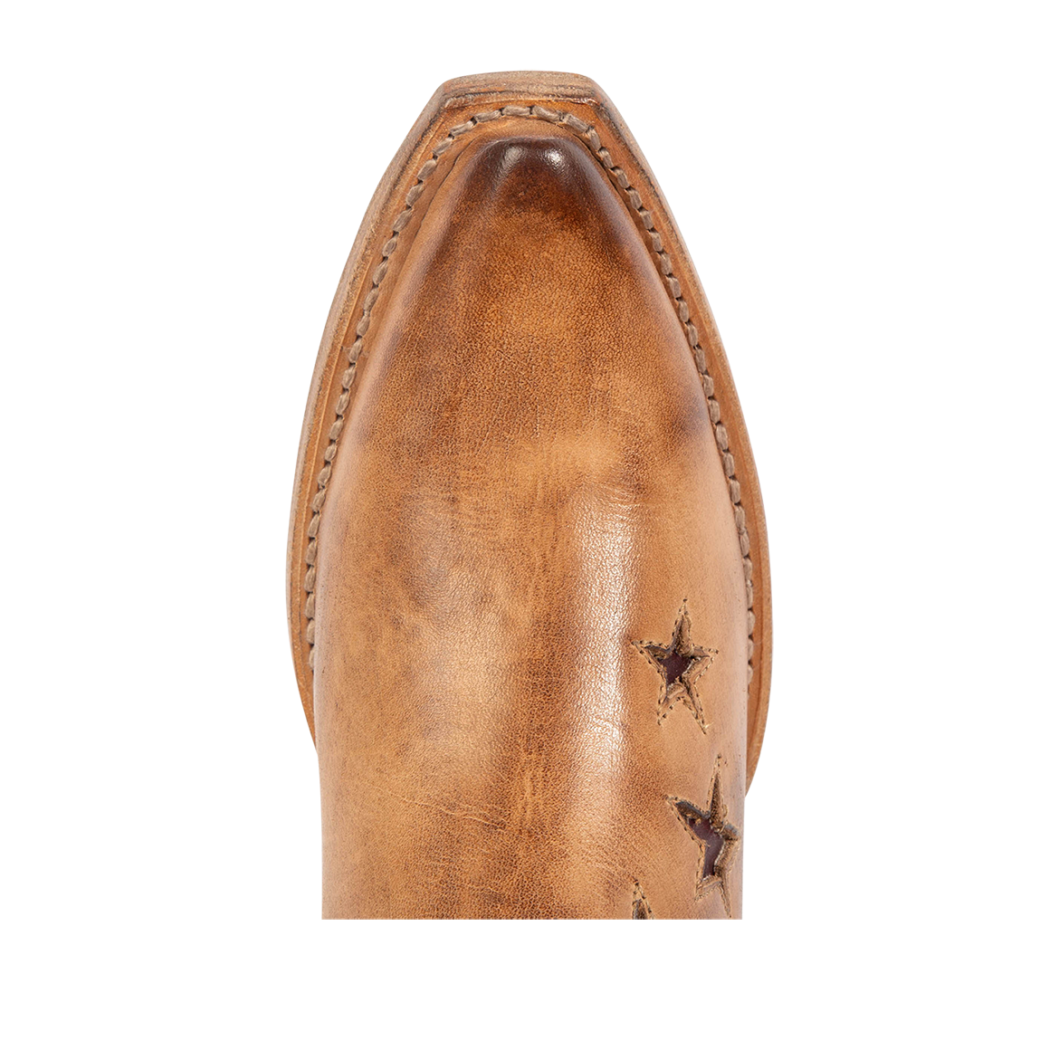 Top view showing pointed snip toe on FREEBIRD women's Weaver beige multi star inlay leather western ankle bootie