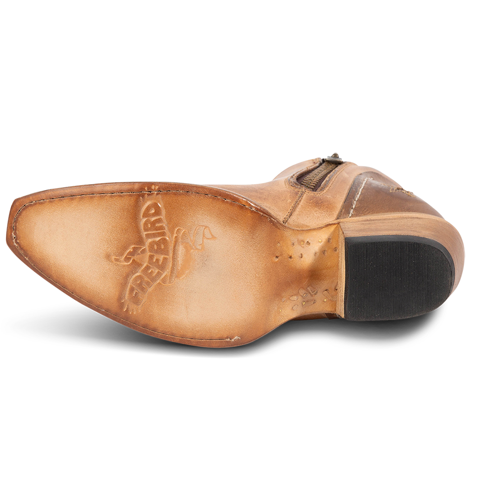 Leather sole imprinted with FREEBIRD on women's Weaver beige multi star inlay leather ankle bootie