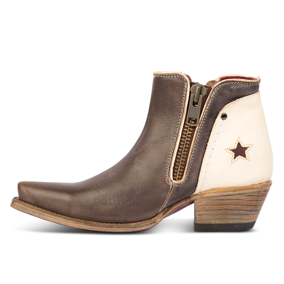 Inside view showing zipper on FREEBIRD women's Weaver black multi star inlay leather western ankle bootie