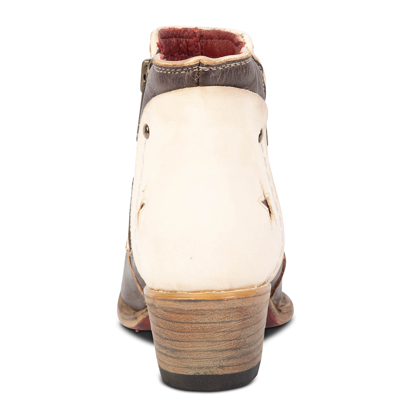Back view showing low heel on FREEBIRD women's Weaver black multi star inlay leather western ankle bootie