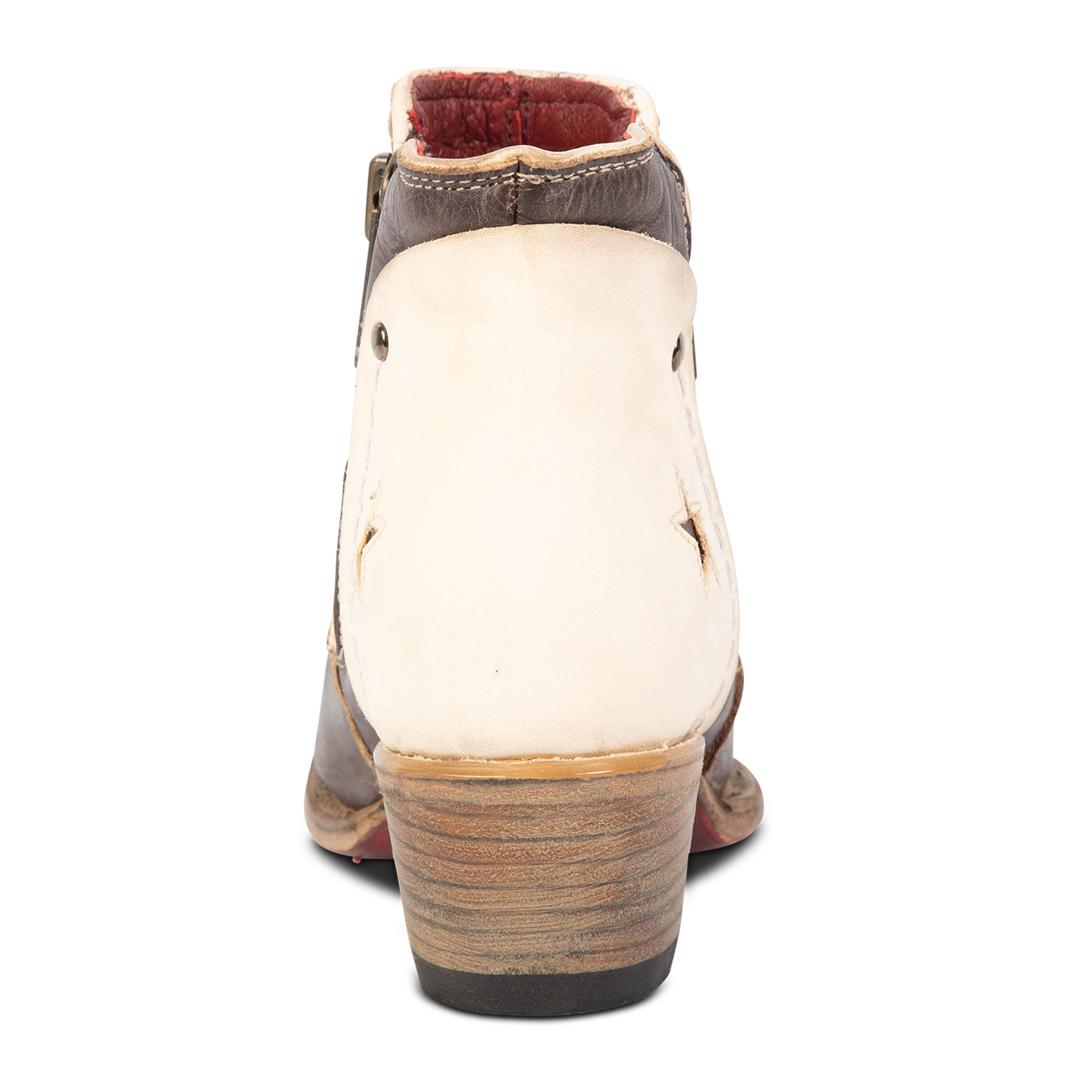 Back view showing low heel on FREEBIRD women's Weaver black multi star inlay leather western ankle bootie
