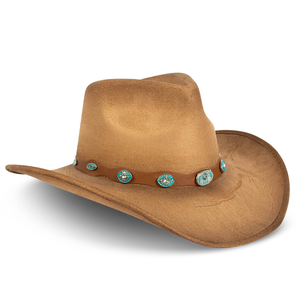 Wesson camel distressed side view showing front pinched crown on FREEBIRD cowboy hat featuring teardrop crown, western curved brim, and turquoise metal detailing