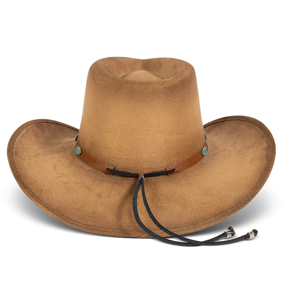 Wesson camel distressed back view showing curved brim on FREEBIRD western cowboy hat featuring teardrop crown and turquoise metal detailing