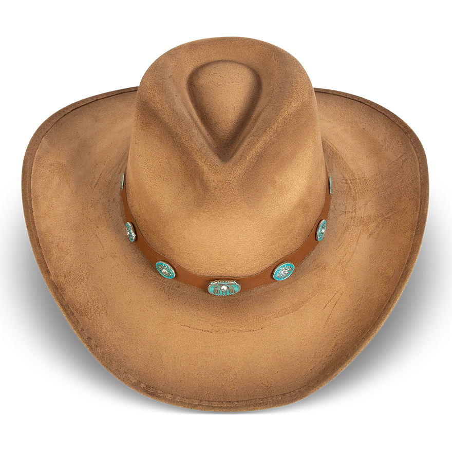 Wesson camel distressed top view showing front pinched and teardrop crown on FREEBIRD western cowboy hat featuring turquoise metal detailing