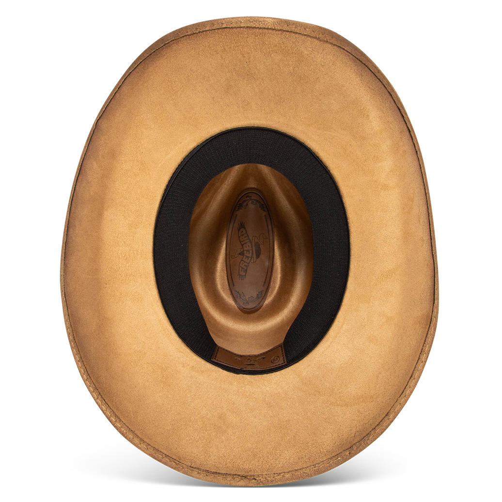 Jones beige inside view showing sweatband on FREEBIRD western cowboy hat featuring a teardrop crown and curved brim