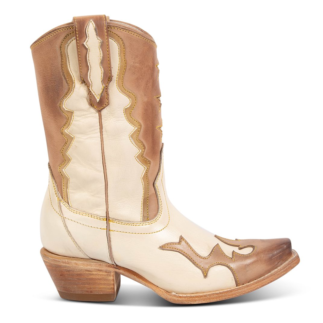 FREEBIRD women's West beige boot with contrasting overlay leather detailing with mid-calf construction and inside zip closure