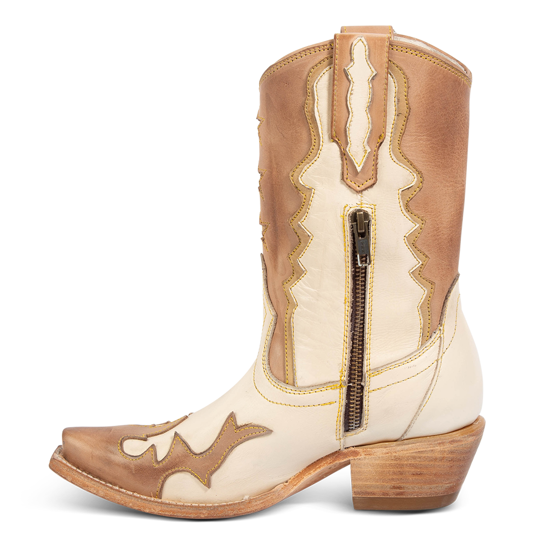 Side view showing working half brass zip closure and leather pull tabs on FREEBIRD women's West beige mid calf boot