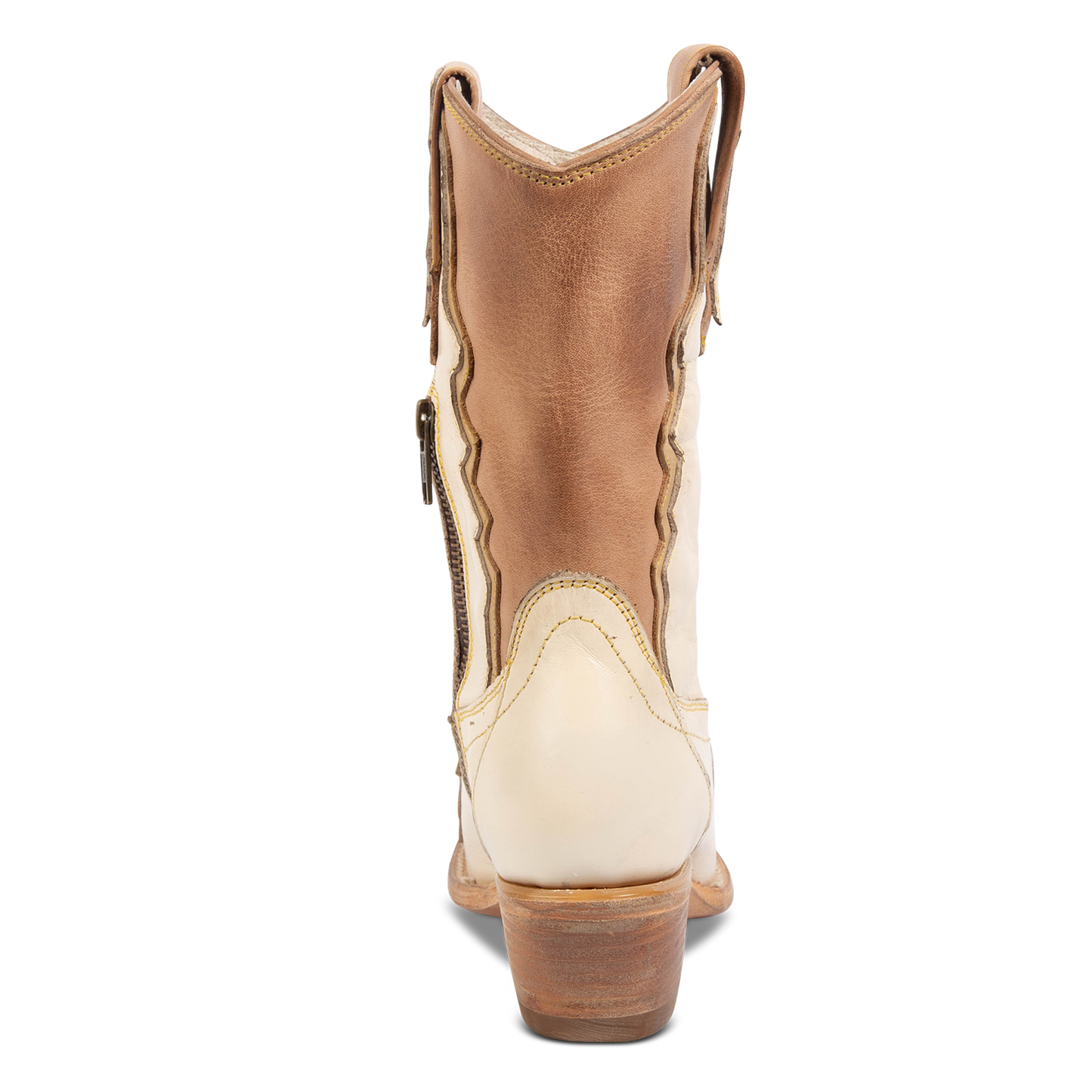 Back view showing low stacked heel on FREEBIRD women's West beige mid calf boot