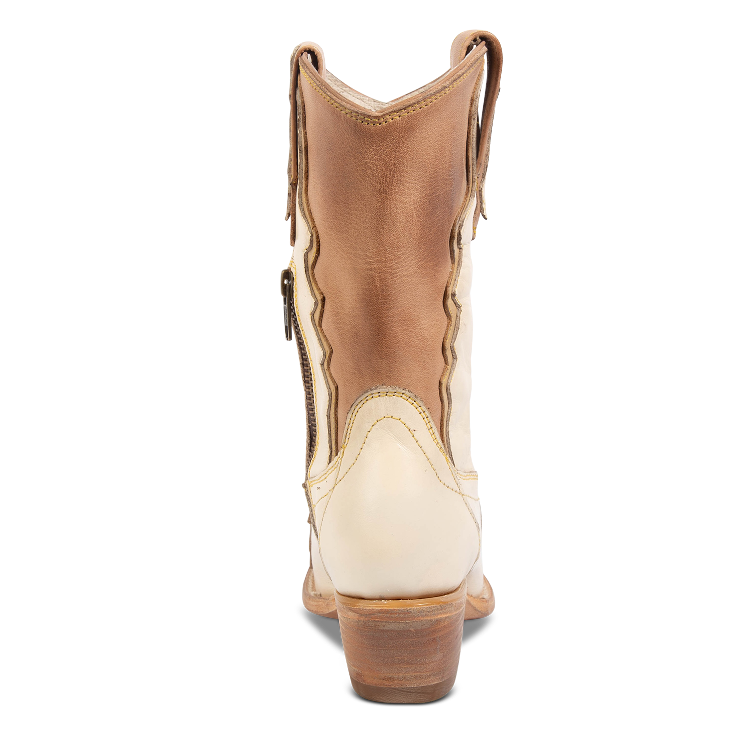 Back view showing low stacked heel on FREEBIRD women's West beige mid calf boot