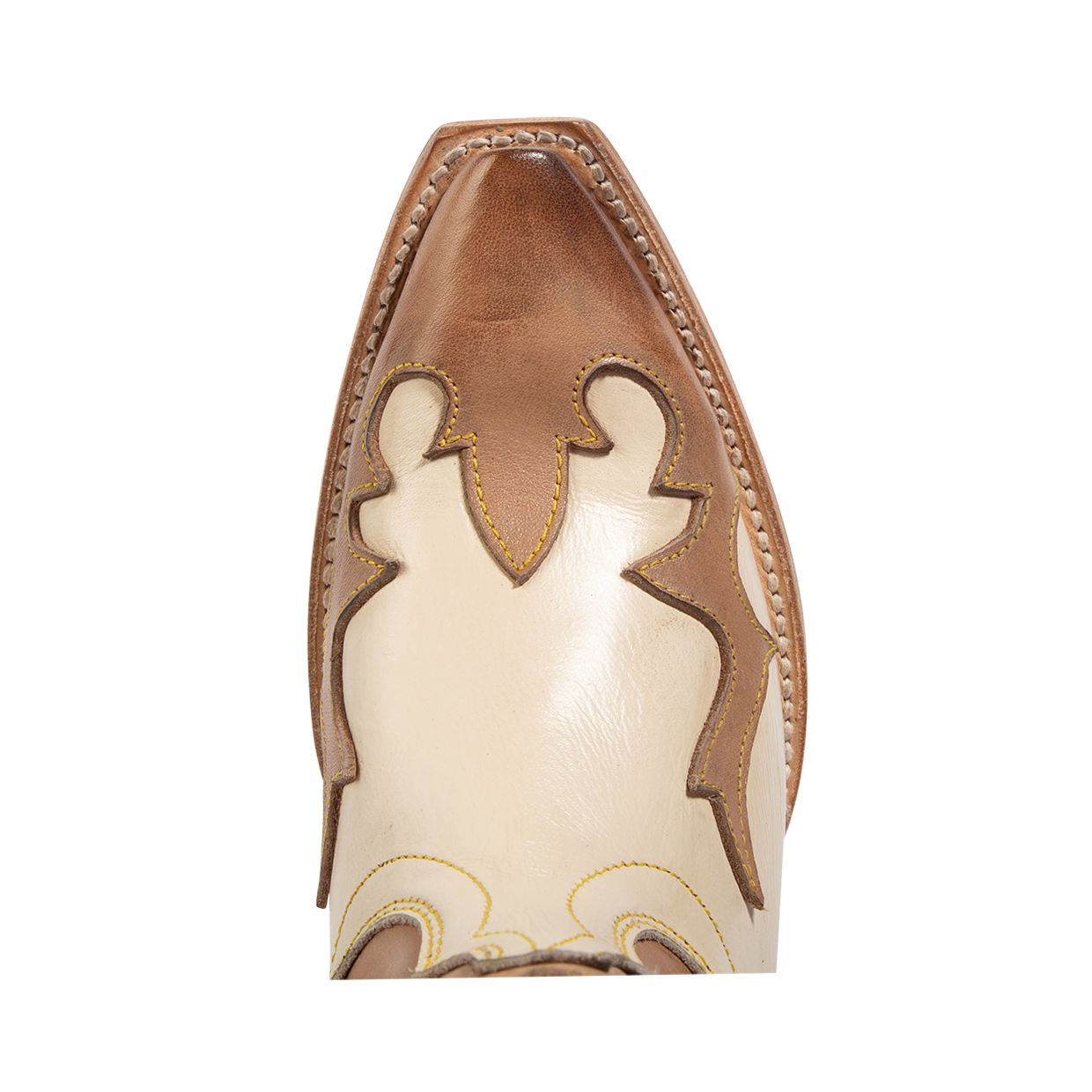 Top view showing contrasting overlay leather detailing with a snip toe on FREEBIRD women's West beige mid calf boot