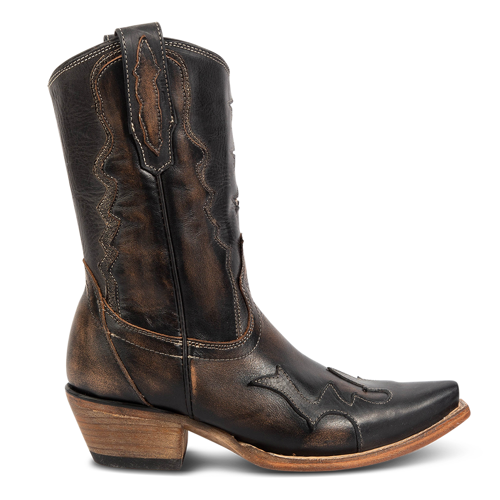 FREEBIRD women's West black boot with contrasting overlay leather detailing with mid-calf construction and inside zip closure