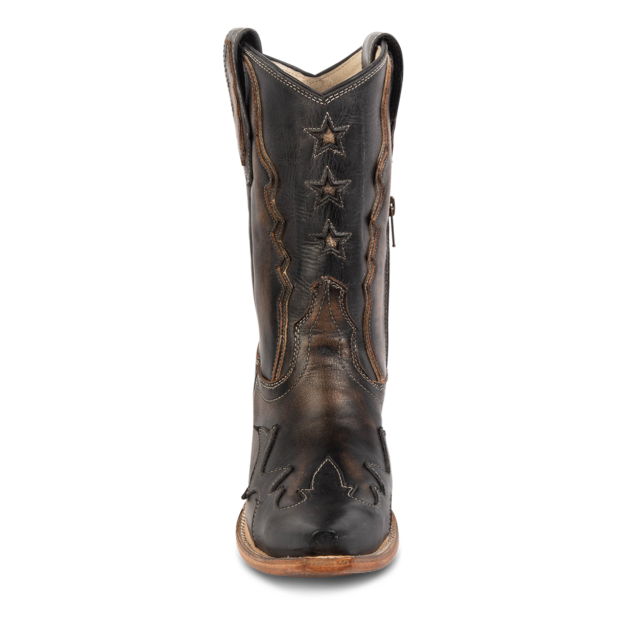 Front view showing FREEBIRD women's West black boot with star overlay detailing 