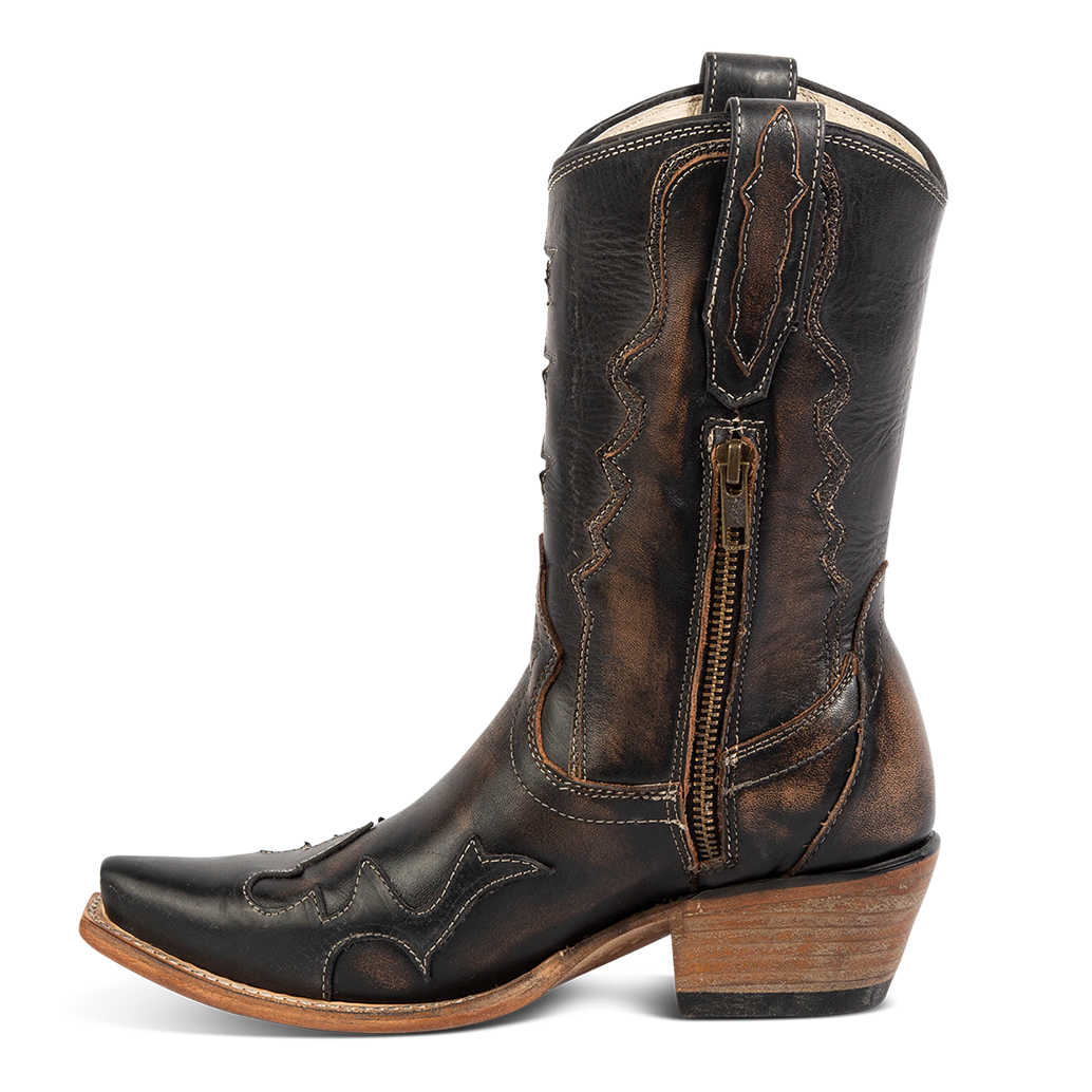 Side view showing working half brass zip closure and leather pull tabs on FREEBIRD women's West black mid calf boot