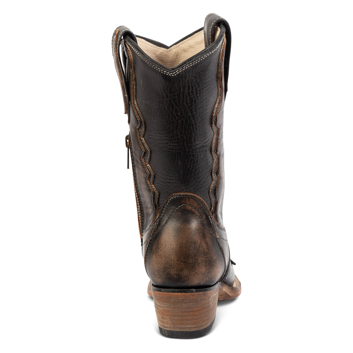 Back view showing low stacked heel on FREEBIRD women's West black mid calf boot