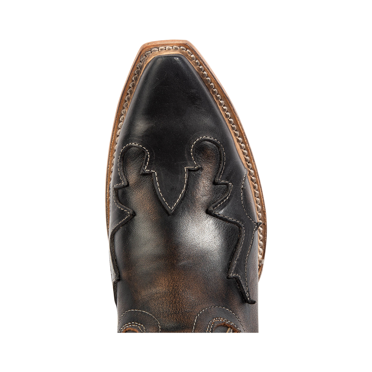 Top view showing contrasting overlay leather detailing with a snip toe on FREEBIRD women's West black mid calf boot