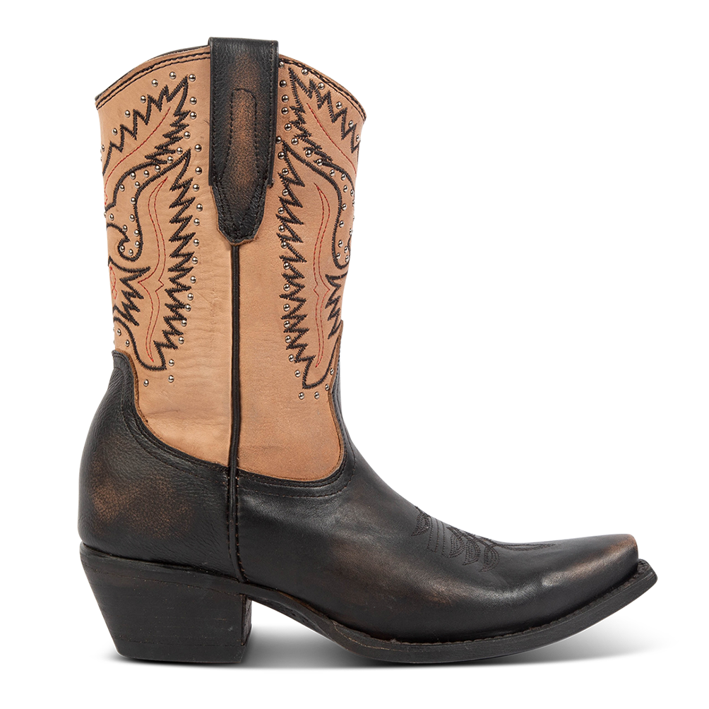 FREEBIRD women's Westrose black embroidered mid-calf boot with stud detailing, leather pull tabs, and stacked heel