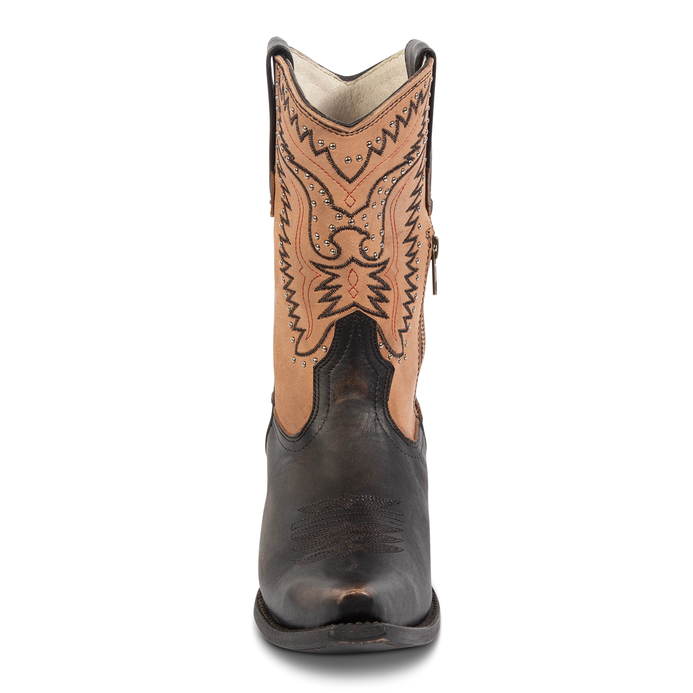 Front view showing winged embroidered detailing and silver stud accents on FREEBIRD women's Westrose black boot