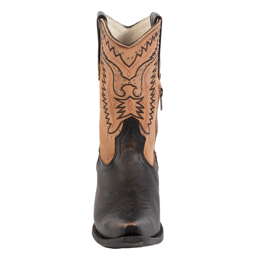 Front view showing winged embroidered detailing and silver stud accents on FREEBIRD women's Westrose black boot