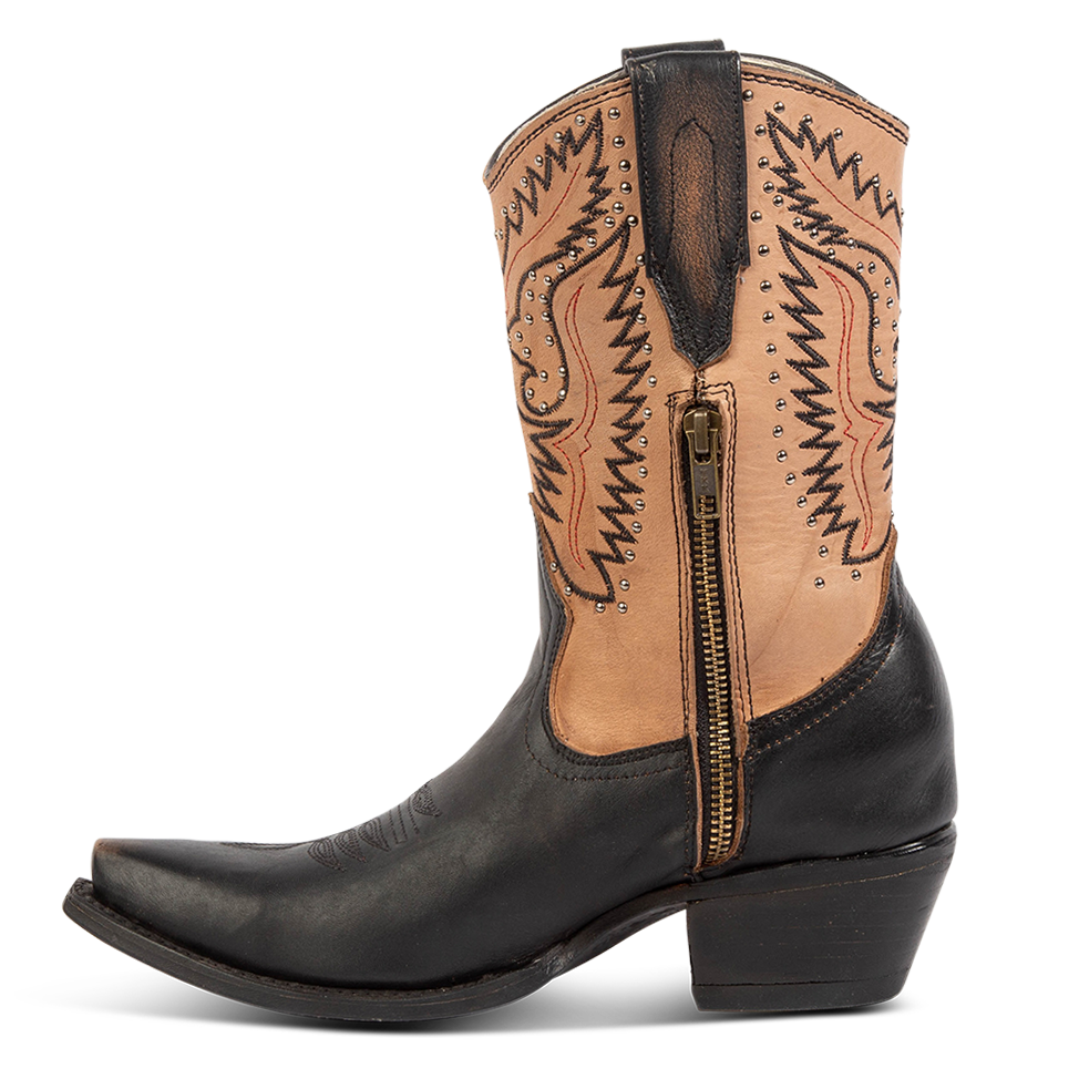 Side view showing leather pull tabs and working brass half zip closure on FREEBIRD women's Westrose black boot
