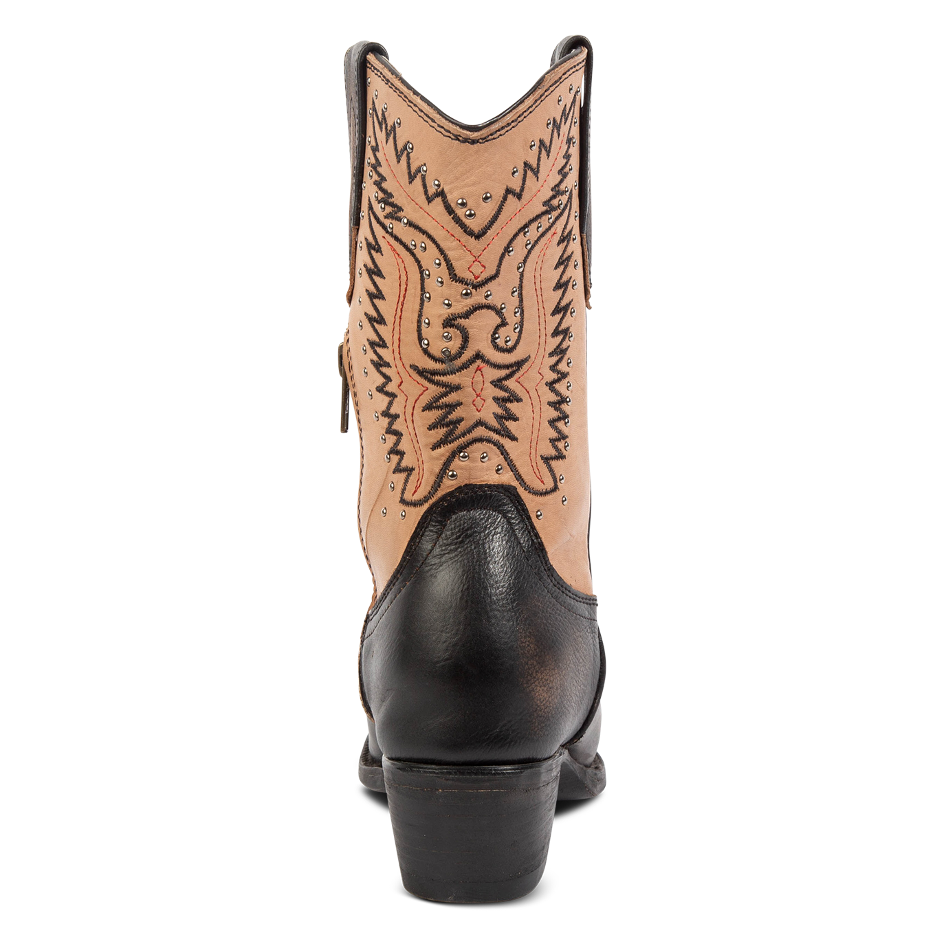 Back view showing low stacked heel and silver stud detailing on FREEBIRD women's Westrose black boot