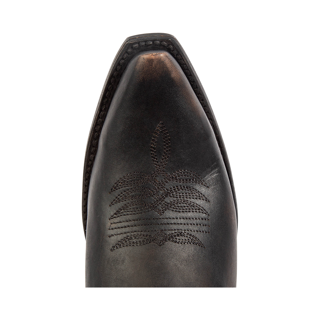 Top view showing snip toe construction and tox box stitching on FREEBIRD women's Westrose black boot
