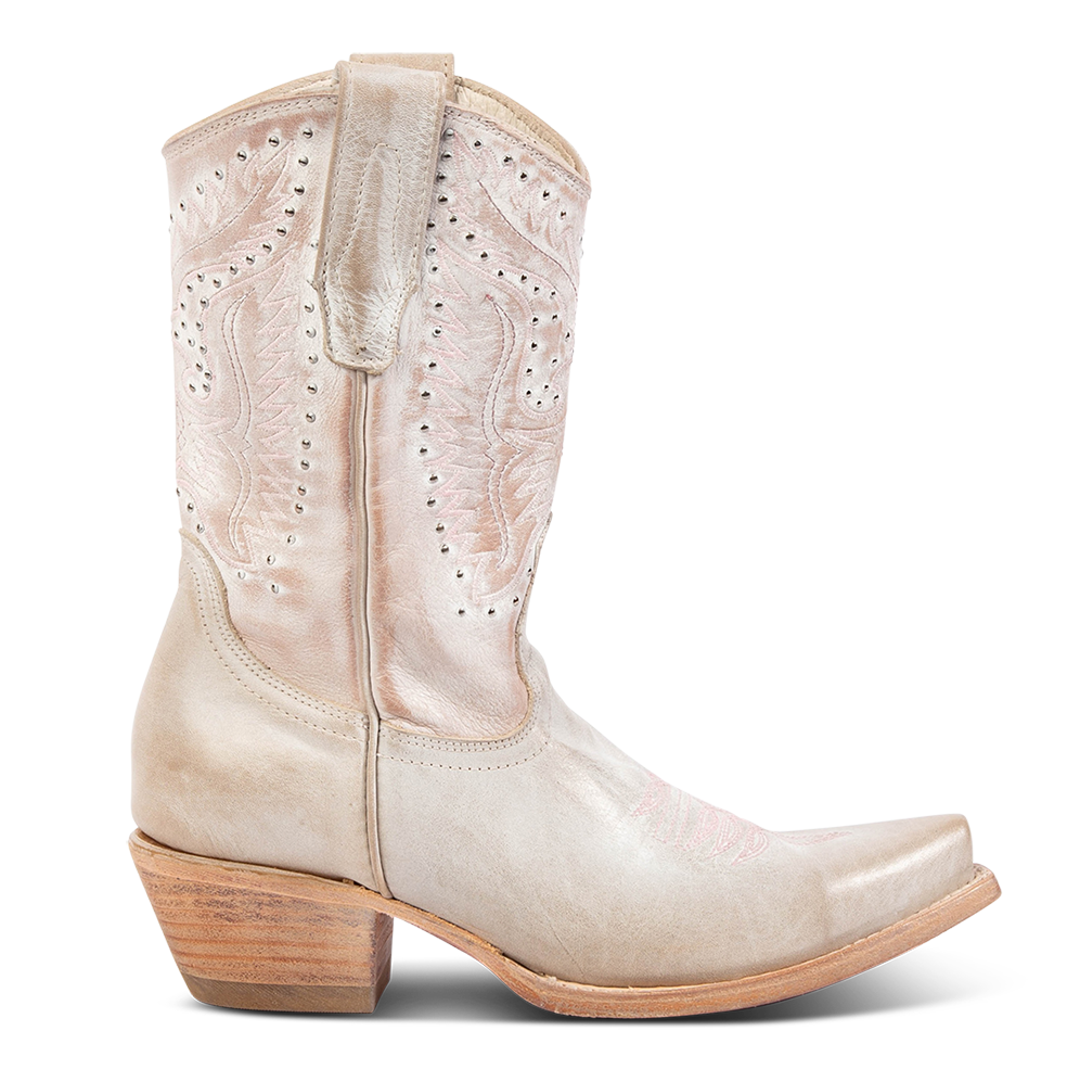FREEBIRD women's Westrose blush embroidered mid-calf boot with stud detailing, leather pull tabs, and stacked heel