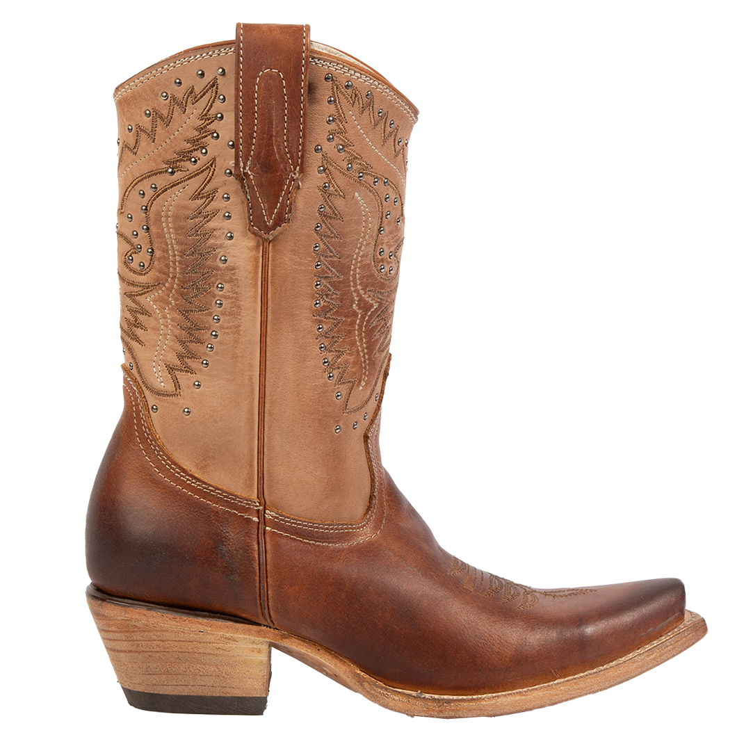FREEBIRD women's Westrose tan embroidered mid-calf boot with stud detailing, leather pull tabs, and stacked heel