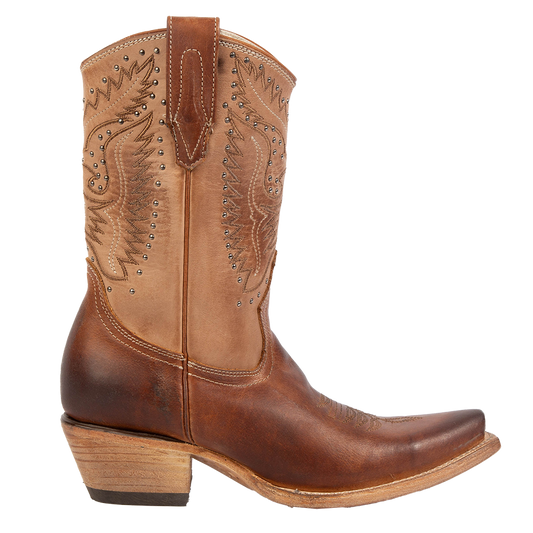 FREEBIRD women's Westrose tan embroidered mid-calf boot with stud detailing, leather pull tabs, and stacked heel