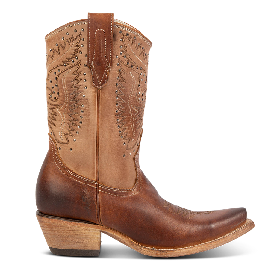 FREEBIRD women's Westrose tan embroidered mid-calf boot with stud detailing, leather pull tabs, and stacked heel