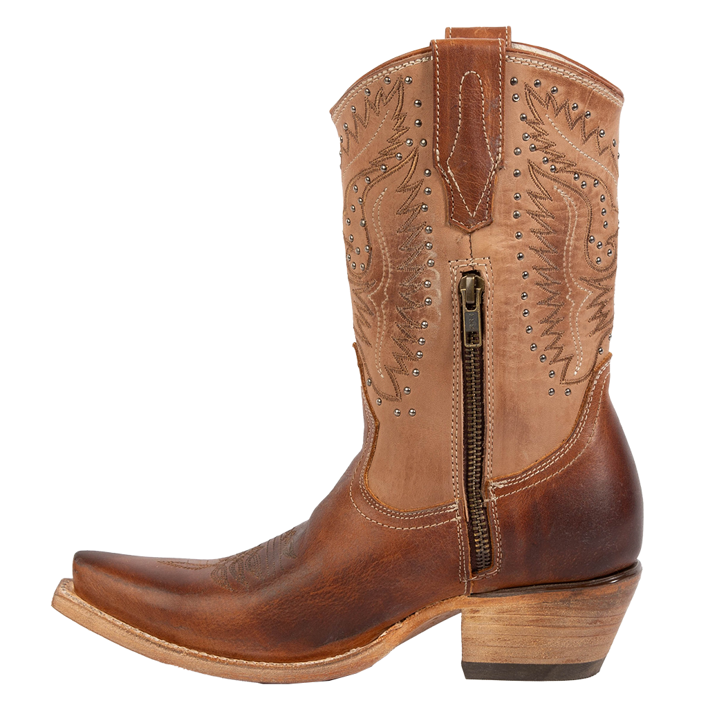 Side view showing leather pull tabs and working brass half zip closure on FREEBIRD women's Westrose tan boot