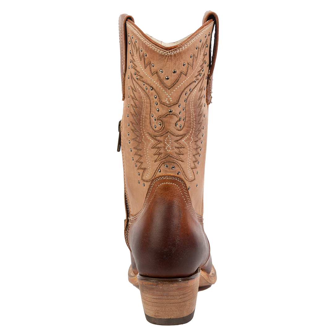 Back view showing low stacked heel and silver stud detailing on FREEBIRD women's Westrose tan boot