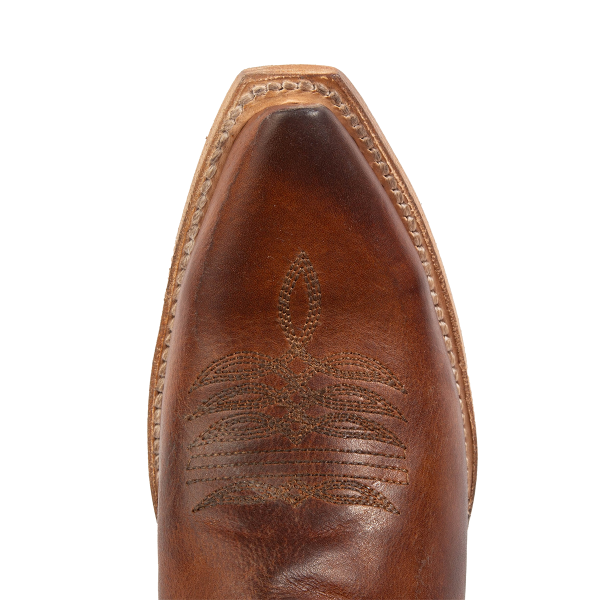 Top view showing snip toe construction and tox box stitching on FREEBIRD women's Westrose tan boot